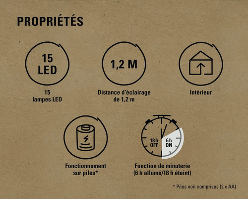 Propriétés : 15 LED, portée de 1,2 mètre, pour l’intérieur, fonctionnement sur piles, fonction de minuterie
