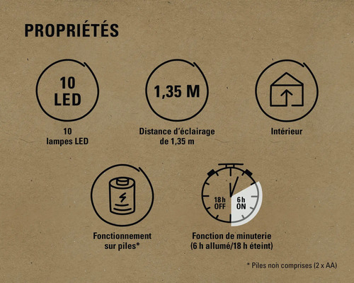 Propriétés : 10 LED, distance d''éclairage de 1,35 mètre, convient pour l''intérieur, fonctionne sur piles, fonction de minuterie (6 heures allumées, 18 heures éteintes)