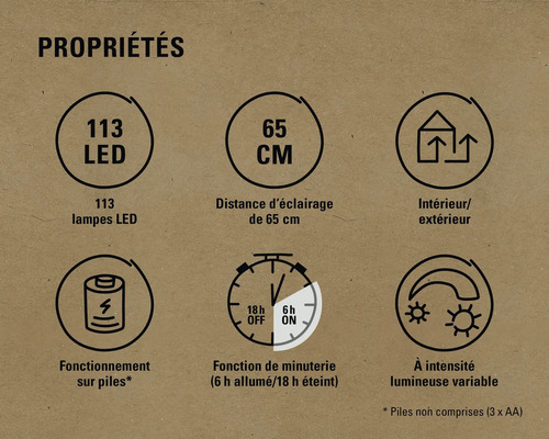 Caractéristiques du produit : 113 LED, distance d’éclairage de 65 centimètres, convient aux espaces intérieurs et extérieurs, fonctionne sur piles, fonction de minuterie et intensité lumineuse variable