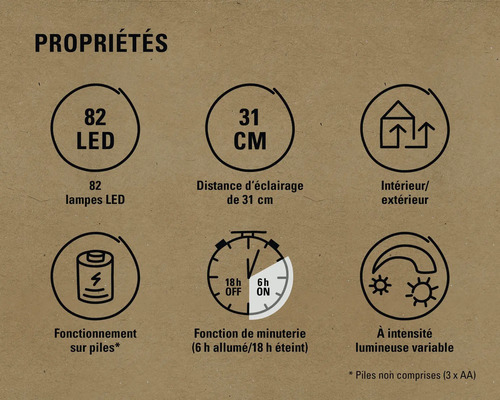 Propriétés : 82 LED, distance de 31 centimètres, intérieur/extérieur, fonctionne sur piles, fonction de minuterie, intensité lumineuse variable