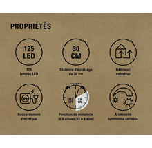 Propriétés: 125 LED, distance de 30 centimètres, intérieur et extérieur, raccordement électrique, fonction de minuterie (6 heures allumée, 18 heures éteinte), intensité lumineuse variable