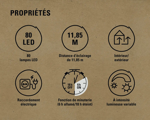 Propriétés : 80 LED, distance d’éclairage de 11,85 m, convient pour l’intérieur et l’extérieur, raccordement électrique, fonction de minuterie (6 h allumé/18 h éteint), intensité lumineuse variable