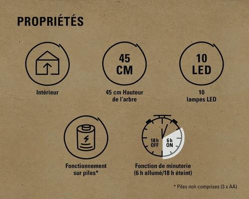 Propriétés: Intérieur, 45 centimètres de hauteur, 10 LED, Fonctionnement sur piles, Fonction de minuterie (6 heures allumé, 18 heures éteint)
