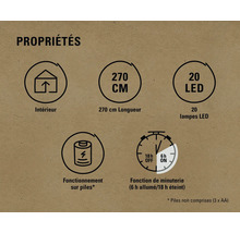 Propriétés : Convient pour l’intérieur, longueur de 270 centimètres, 20 LED, fonctionne sur piles, fonction de minuterie (6 heures allumées/18 heures éteintes)