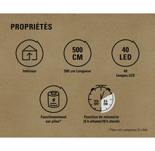 Caractéristiques : convient pour l''intérieur, 500 centimètres de longueur, 40 LED, fonctionne sur piles, fonction de minuterie six heures allumées et 18 heures éteintes