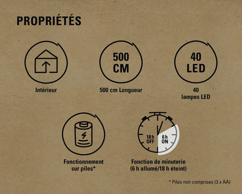 Caractéristiques : convient pour l''intérieur, 500 centimètres de longueur, 40 LED, fonctionne sur piles, fonction de minuterie six heures allumées et 18 heures éteintes