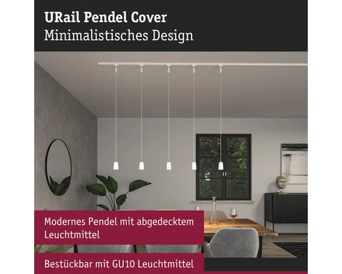 Modernes Esszimmer mit URail Schienensystem und mehreren Pendelleuchten mit GU10 Leuchtmittel