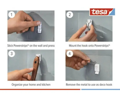 Instructions pour fixer un crochet Tesa Powerstrips au mur