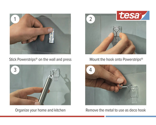 Montageanleitung für einen Haken mit Tesa Powerstrips.