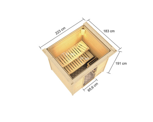 Vue de dessus d''un sauna en bois avec dimensions.