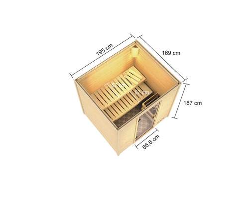 Vue intérieure d''un sauna en bois avec bancs et dimensions