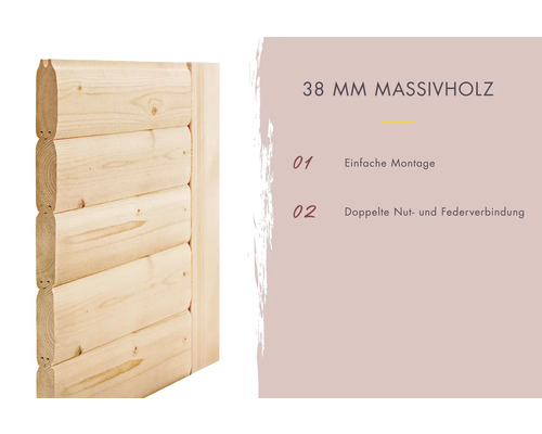 38 Millimeter Massivholzprofil mit einfacher Montage und doppelter Nut- und Federverbindung
