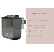 Massivholzsauna Karibu Anja inkl. 9 kW Bio Ofen u.ext.Steuerung mit Dachkranz und Holztüre mit Isolierglas wärmegedämmt