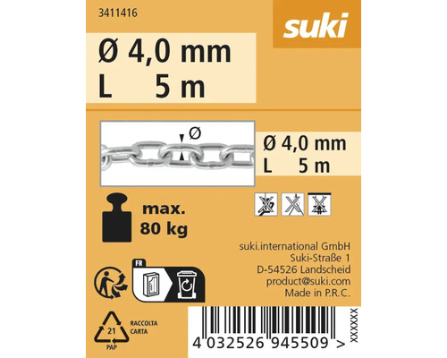 Suki Logo mit Informationen zu Kette, Durchmesser 4,0 mm, Länge 5 Meter, maximale Belastung 80 kg