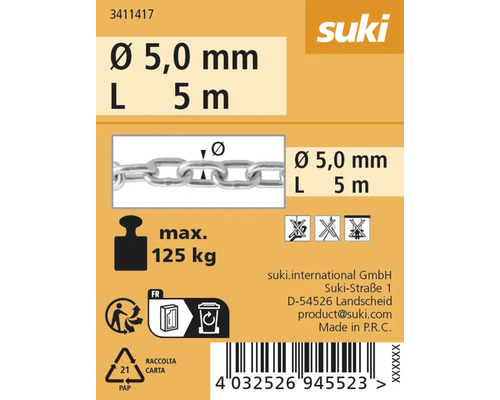 Suki Logo. Informationen zur Kette: Durchmesser 5,0 mm, Länge 5 m, maximale Belastung 125 kg. Entsorgungshinweise.