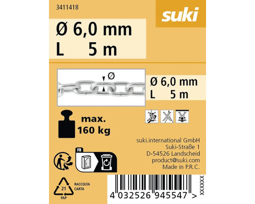 Suki Logo mit Informationen zu Kette, Durchmesser sechs Millimeter, Länge fünf Meter, maximale Belastung 160 Kilogramm und Hinweis zur Entsorgung