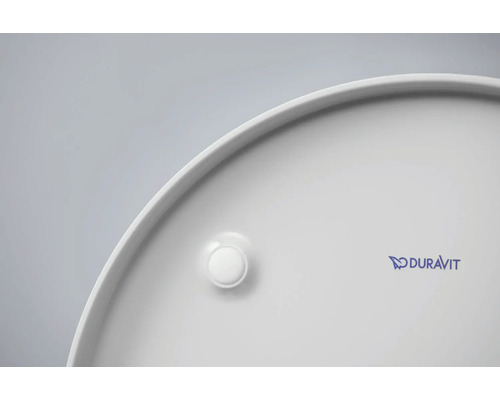 Detailansicht eines runden Keramikwaschbeckens mit Duravit Logo und Abflussstopfen