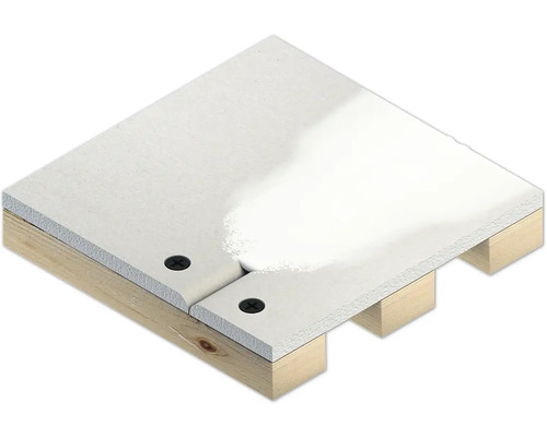 Detailansicht von zwei Gipskartonplatten, die mit Schrauben auf einer Holzkonstruktion befestigt sind