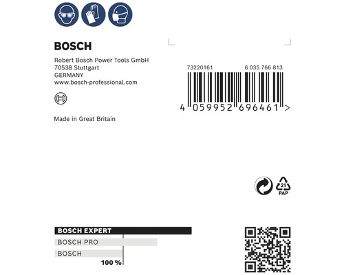 Bosch Logo, Barcode, Recyclingsymbol, QR Code und Herstellerinformationen.