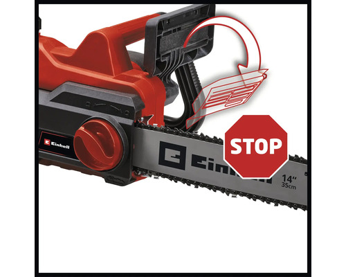 Einhell Kettensäge mit STOP-Symbol für Sicherheitsfunktion und Bedienungsanleitung