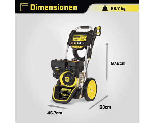 Champion Hochdruckreiniger mit den Maßen 97,2 cm Höhe, 68 cm Breite und 46,7 cm Tiefe. Das Gewicht beträgt 28,7 kg.