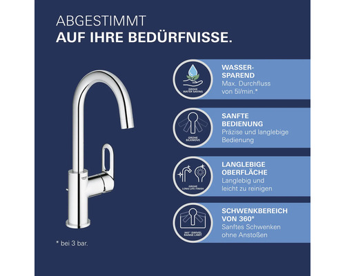 Grohe Armatur mit Wassersparfunktion, leichtgängiger Bedienung, langlebiger Oberfläche und 360 Grad Schwenkbereich