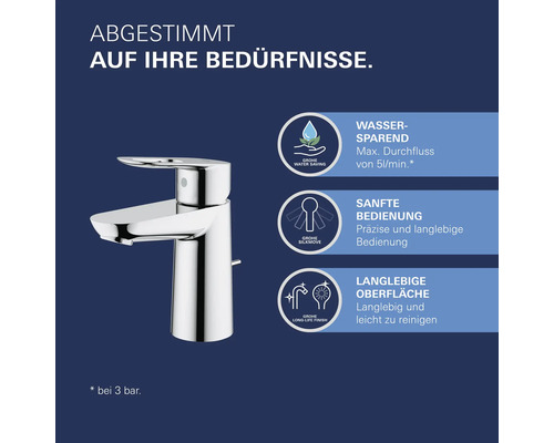Waschtischarmatur mit den Symbolen Wassersparen, Sanfte Bedienung und Langlebige Oberfläche