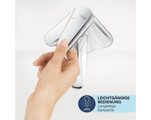 Eine Hand bedient einen Wasserhahn der Marke Grohe