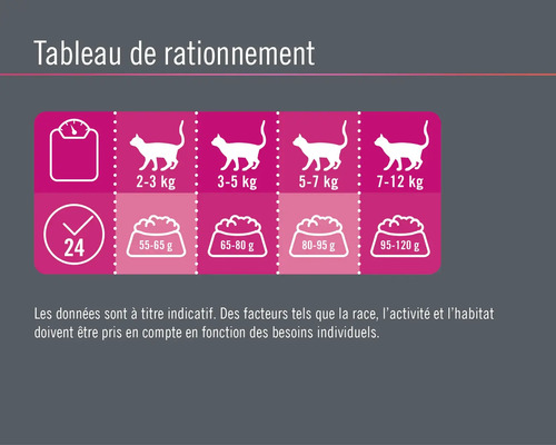 Tableau de rationnement pour chats avec indications de poids et recommandations d''alimentation