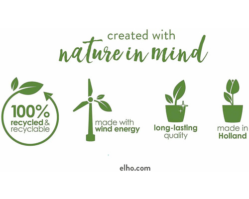 Umweltsiegel: 100 Prozent recycelt und recycelbar, hergestellt mit Windenergie, langlebige Qualität, hergestellt in Holland