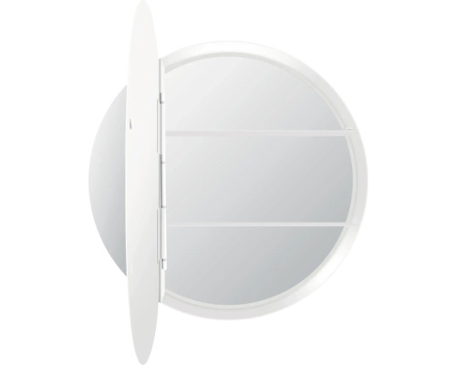 Runder Spiegelschrank mit offener Tür und Regalen