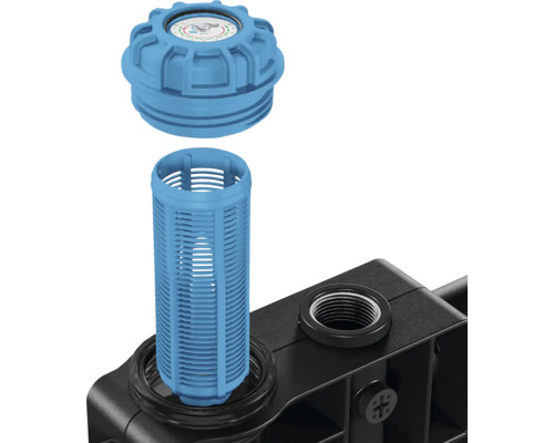 Bewässerungsfilter mit blauer Filterkartusche und schwarzem Gehäuse