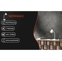 Produktmerkmale einer weißen Schreibtischlampe: GU10 Fassung, 1-flammig, maximal 10 Watt, ohne Leuchtmittel