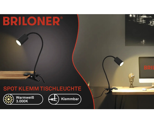 Briloner Logo. Klemm-Tischleuchte mit warmweissem Licht und 3000 Kelvin.