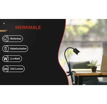 Schreibtisch mit Klemmleuchte und Produktmerkmalen.