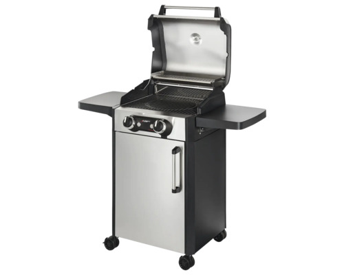 Grill à gaz avec deux brûleurs, tablettes de rangement et meuble bas mobile