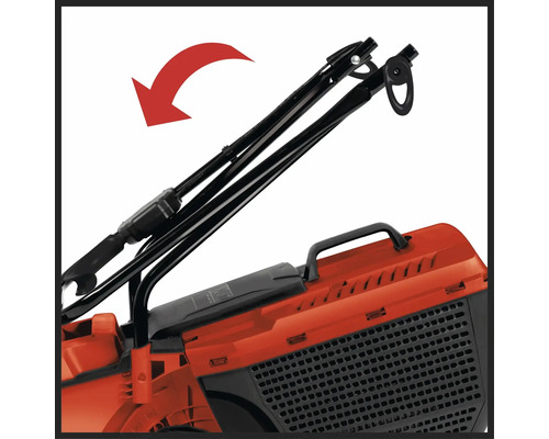 Detailansicht eines Rasenmähers mit herunterklappbarem Griff