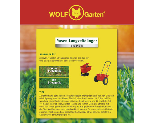 Logo Wolf Garten. Super engrais gazon longue durée. Informations sur les épandeurs avec et sans épandeur.