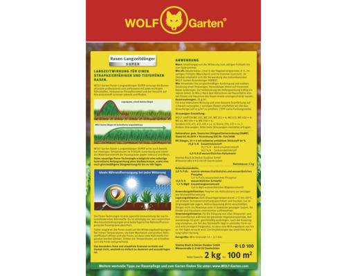 Wolf Garten Super engrais longue durée pour gazon résistant et vert profond, 2 kilogrammes pour 100 mètres carrés