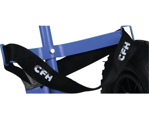 Detailansicht einer Sackkarre mit Spanngurt und CFH Logo.