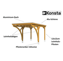 Konsta Logo, Carport aus Holz mit Aluminiumdach, Leimholzbögen, Aluminiumschienen und 12x12 Zentimeter Leimholzpfosten inklusive Pfostenanker