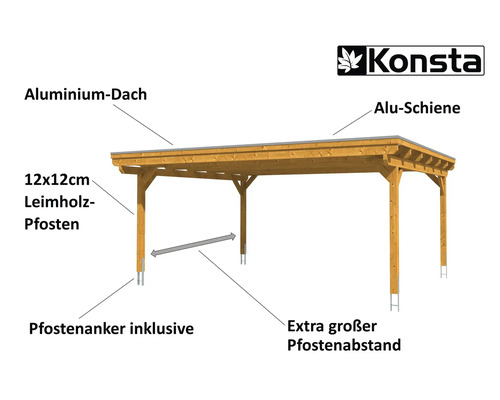 Carport mit Aluminiumdach, 12x12 cm Leimholzpfosten und Pfostenankern inklusive