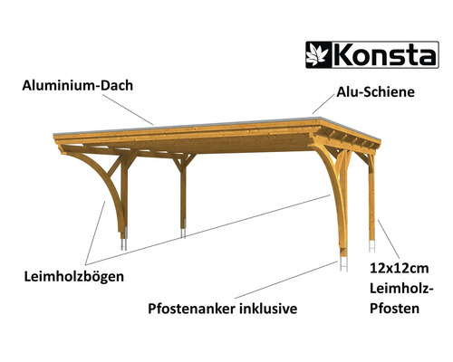 Konsta Carport mit Aluminiumdach, Aluminiumschienen, Leimholzbögen und 12x12 cm Leimholzpfosten inklusive Pfostenanker