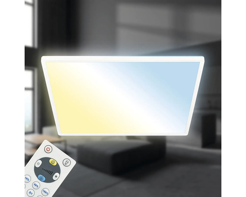 LED-Panel-Leuchte mit Fernbedienung in einem Wohnzimmer.