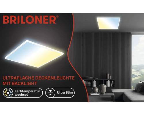 Briloner Logo, ultraflache LED Deckenleuchte mit Hintergrundbeleuchtung im Wohnraum