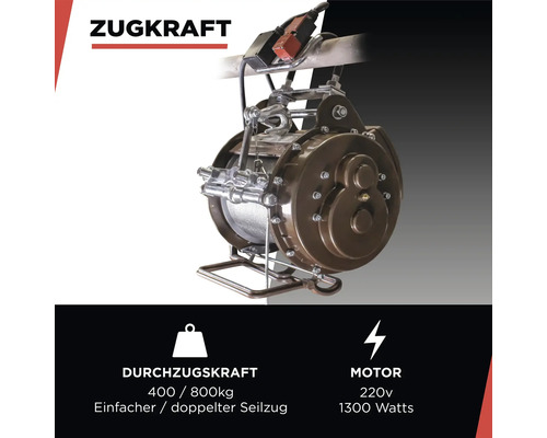 Seilzug mit einer Zugkraft von 400 Kilogramm im einfachen und 800 Kilogramm im doppelten Betrieb.