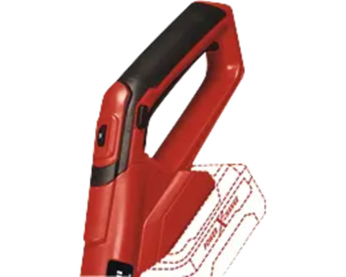 Griff einer roten Heckenschere der Marke Einhell Power X-Change