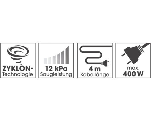 Zyklontechnologie, 12 kPa Saugleistung, 4 Meter Kabellänge, maximal 400 Watt