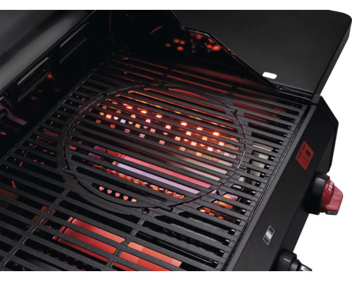 Barbecue à gaz avec grille et couvercle ouvert