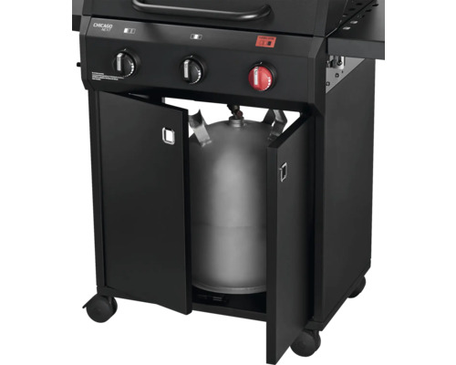 Barbecue à gaz Chicago Next avec porte ouverte et bouteille de gaz